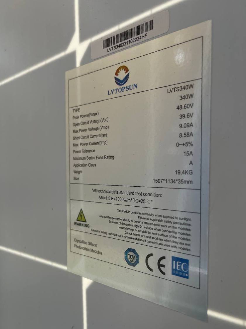 ផ្ទាំងសូឡា 340W Single Glass (LVTS340W) Solar Panel, 1507*1134*35mm_19.4kg